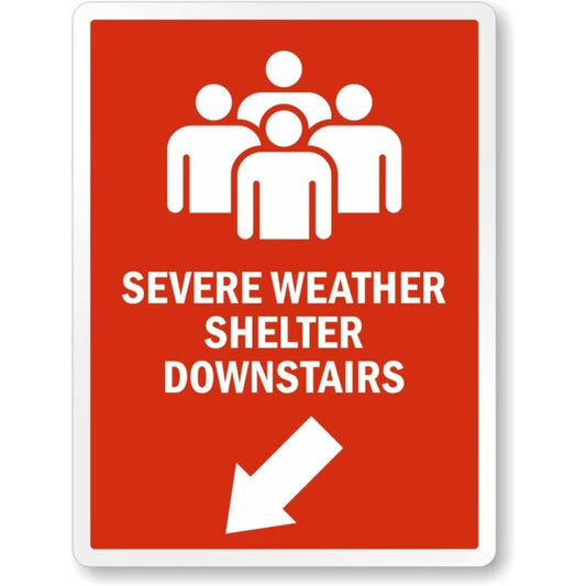 Severe Weather Shelter Downstairs Left Down Arrow Aluminum Sign — product artwork