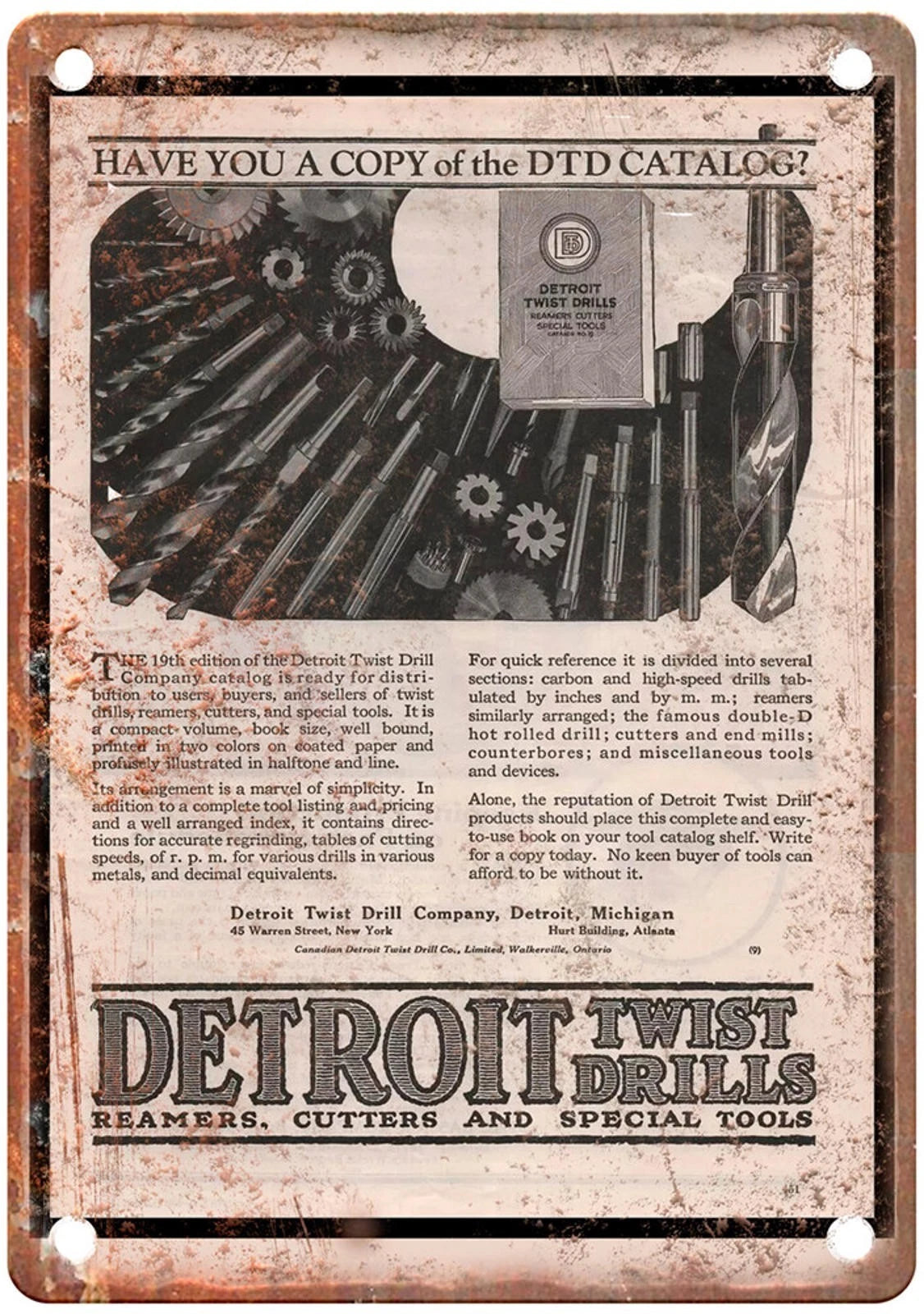Vintage Detroit Twist Drill 1921 Ad Aluminum Sign — product artwork