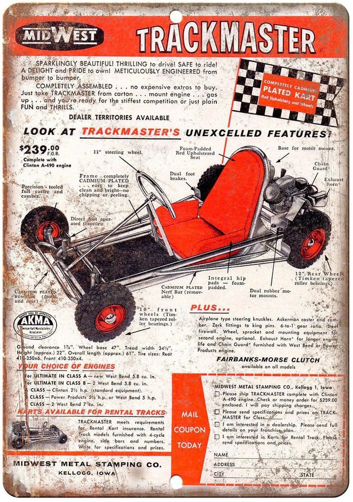 Vintage Trackmaster Midwest Go Kart Aluminum Sign — product artwork