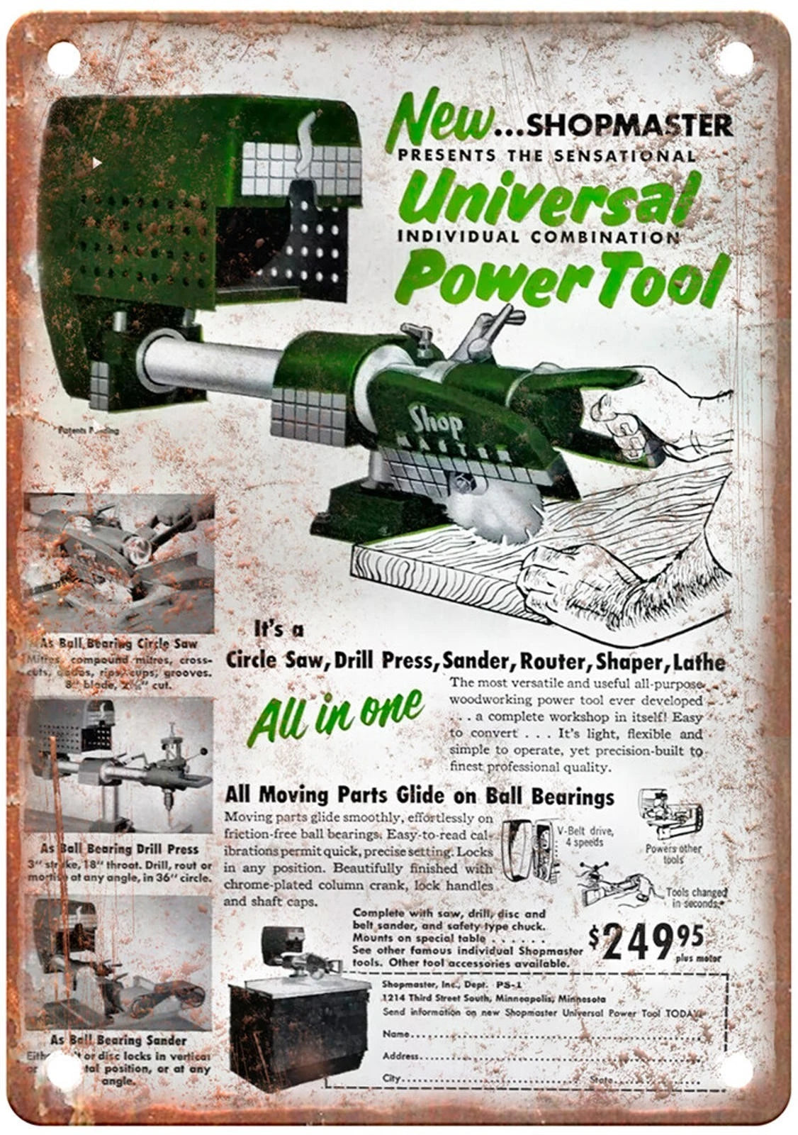 Vintage 1953 Shopmaster Power Tool Aluminum Sign — product artwork