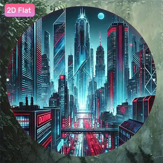 Cyberpunk Vintage City Skyline Funny Round Aluminum Sign — product artwork