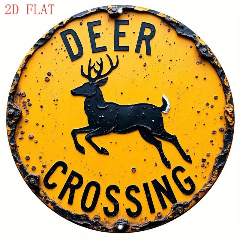 Deer Warning Vintage Weathered Iron Funny Round Aluminum Sign — product artwork