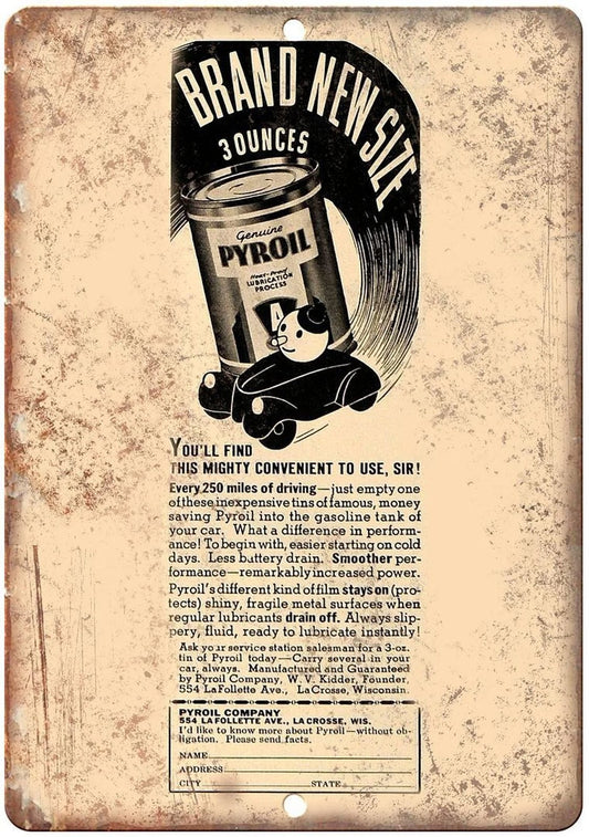 Pyroil Vintage Gasoline Funny Advertisement Aluminum Sign — product artwork