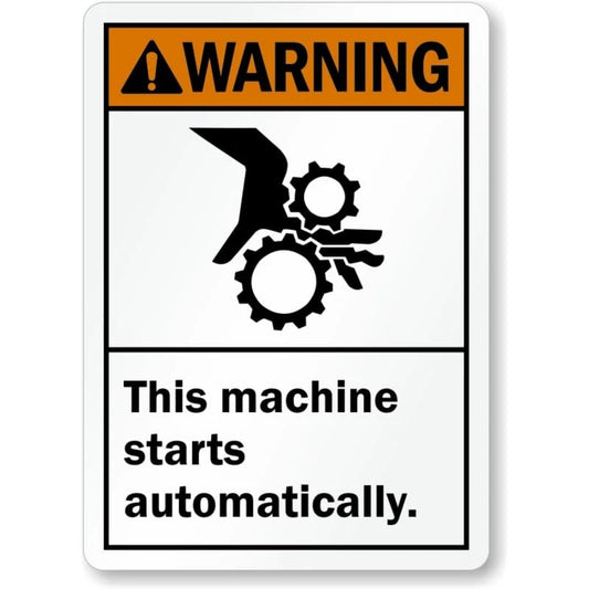 Machine Starts Automatically Warning Aluminum Sign — product artwork