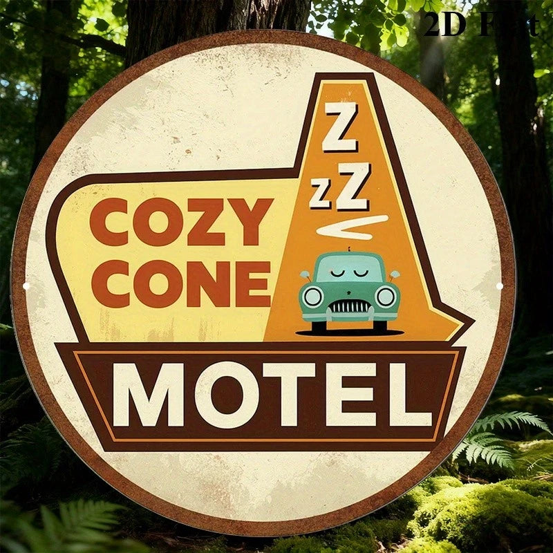 Vintage Motel Cozy Cone Funny Retro Round Aluminum Sign — product artwork