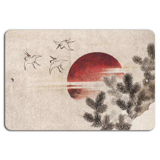 Decorative Serene Flight Cranes Sunset Aluminum Sign — product artwork