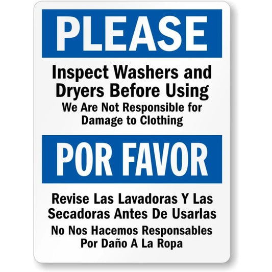 Bilingual Inspect Washers Dryers Aluminum Sign — product artwork