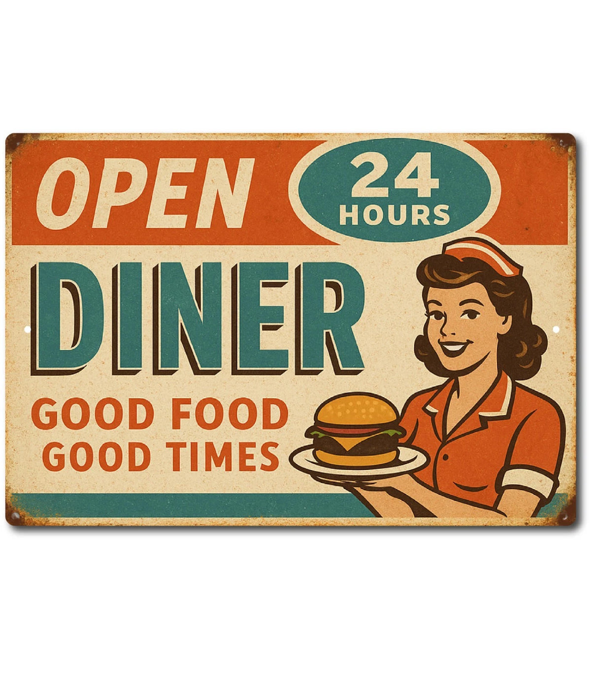 Diner Tin Retro Open 24 Hours Vintage Aluminum Sign — product artwork