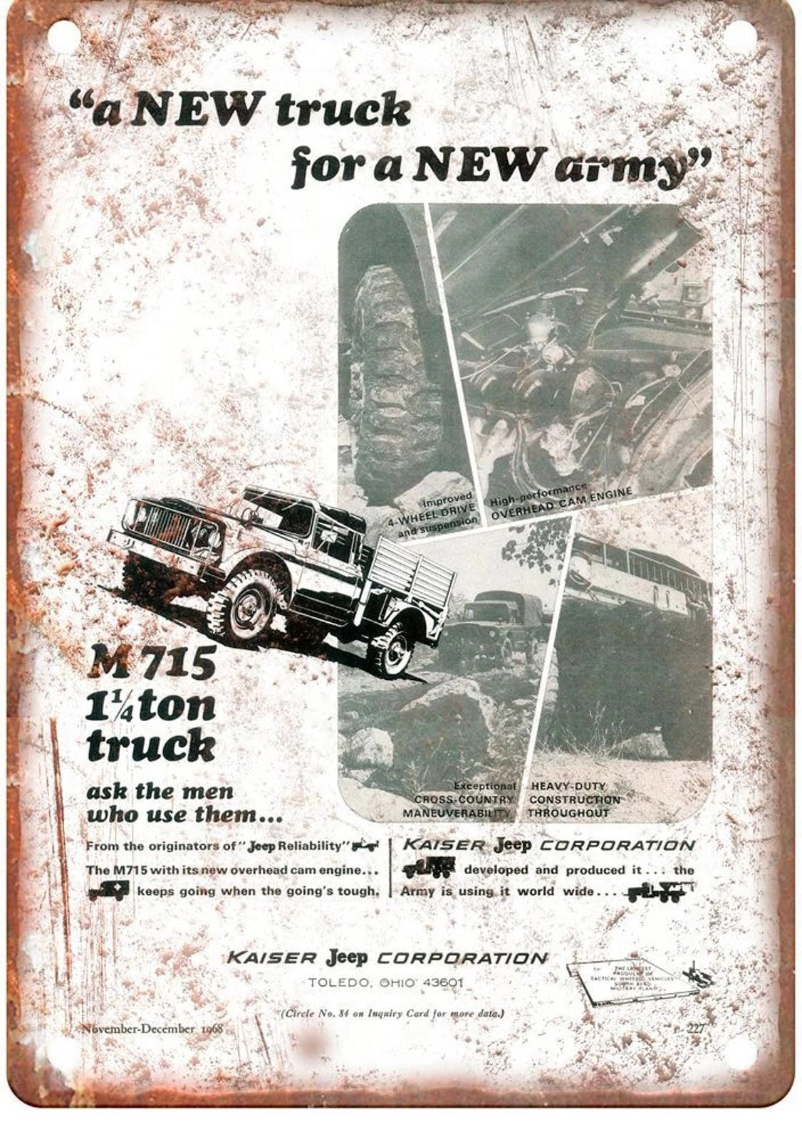 Jeep M 715 Vintage 1968 Retro Auto Aluminum Sign — product artwork