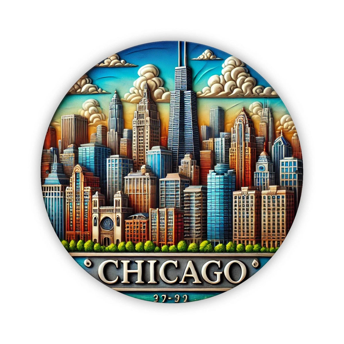 Iron Decorative Painting Chicago Vibrant Colorful Cityscape Round Aluminum — product artwork