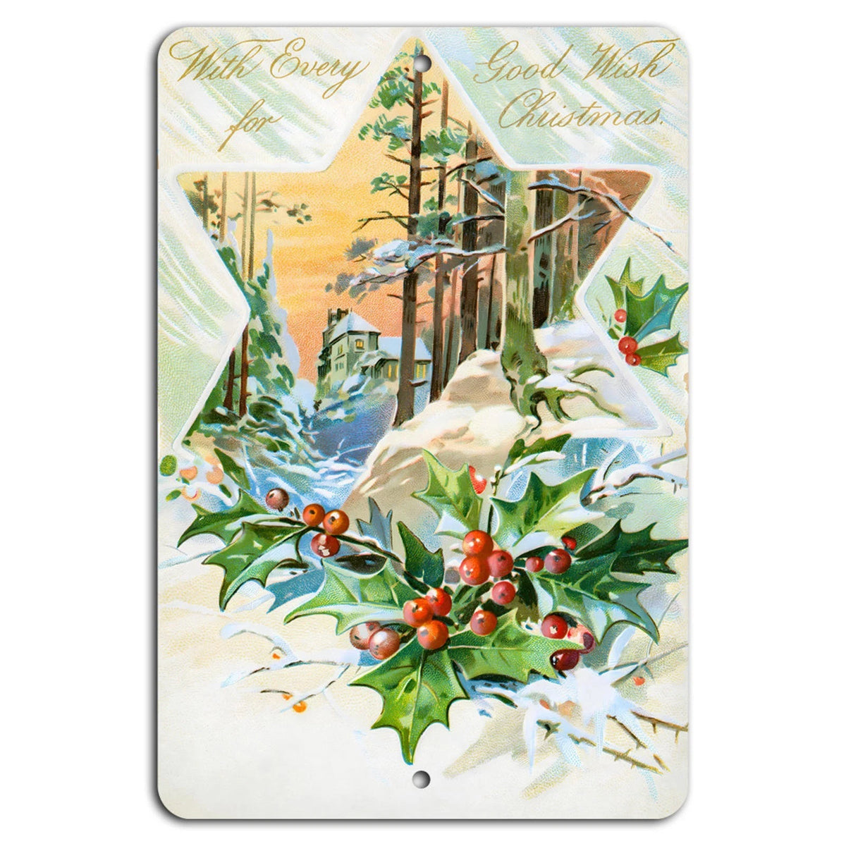 Christmas Church and Holly Postcard Aluminum Sign — product artwork