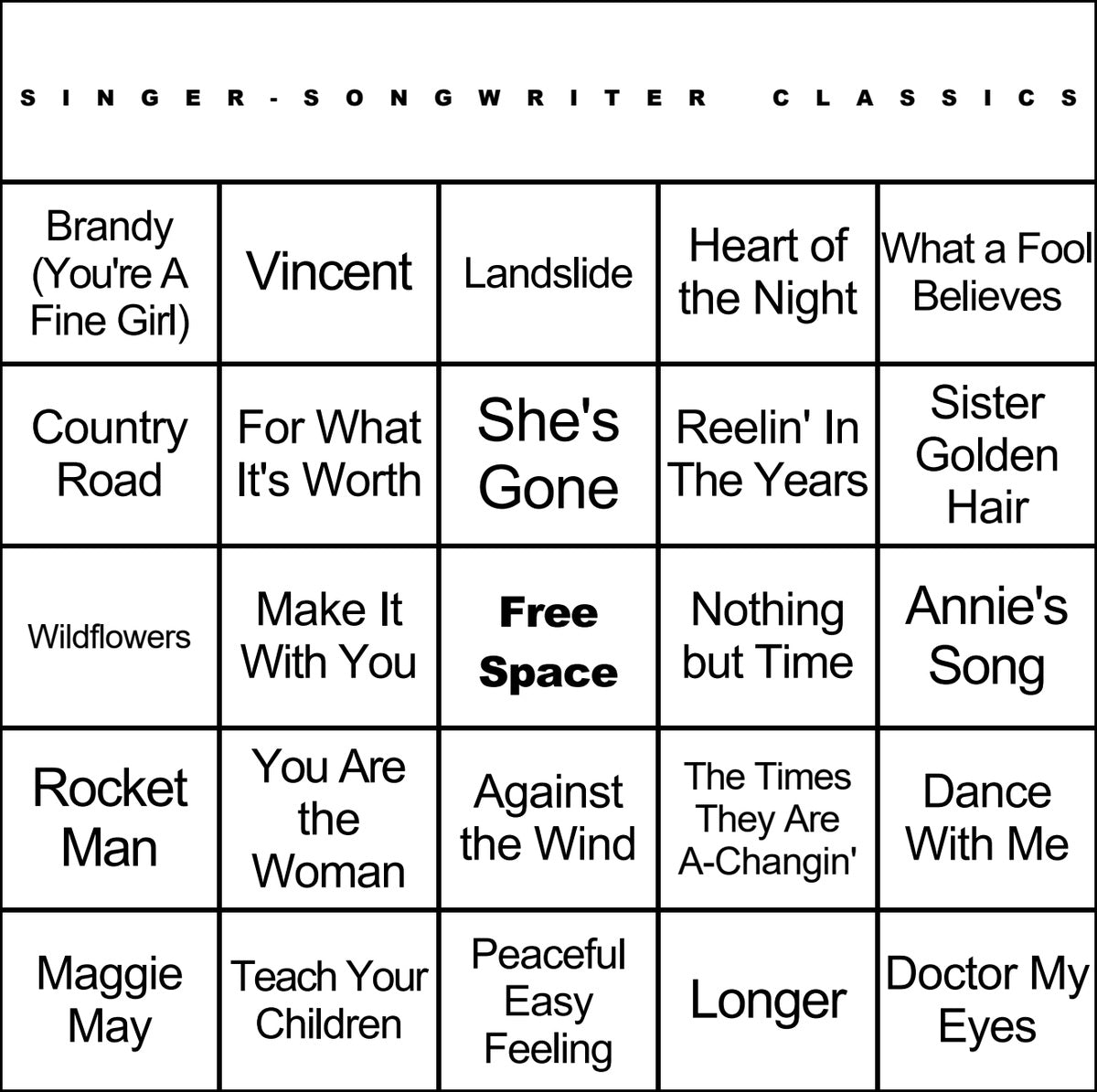 Singer-Songwriter Classics music bingo card example