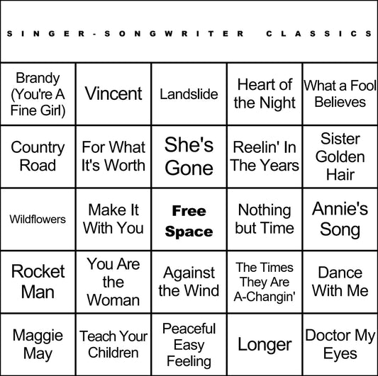 Singer-Songwriter Classics music bingo card example