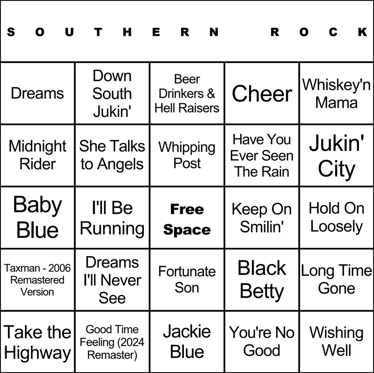 Southern Rock laminated music bingo card example
