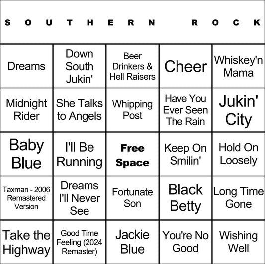 Southern Rock laminated music bingo card example