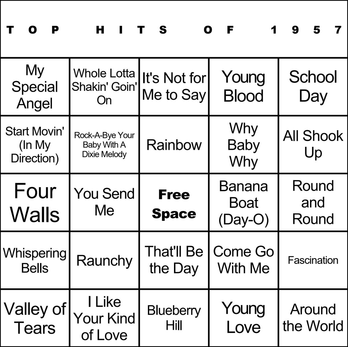 Top Hits of 1957 laminated music bingo card example