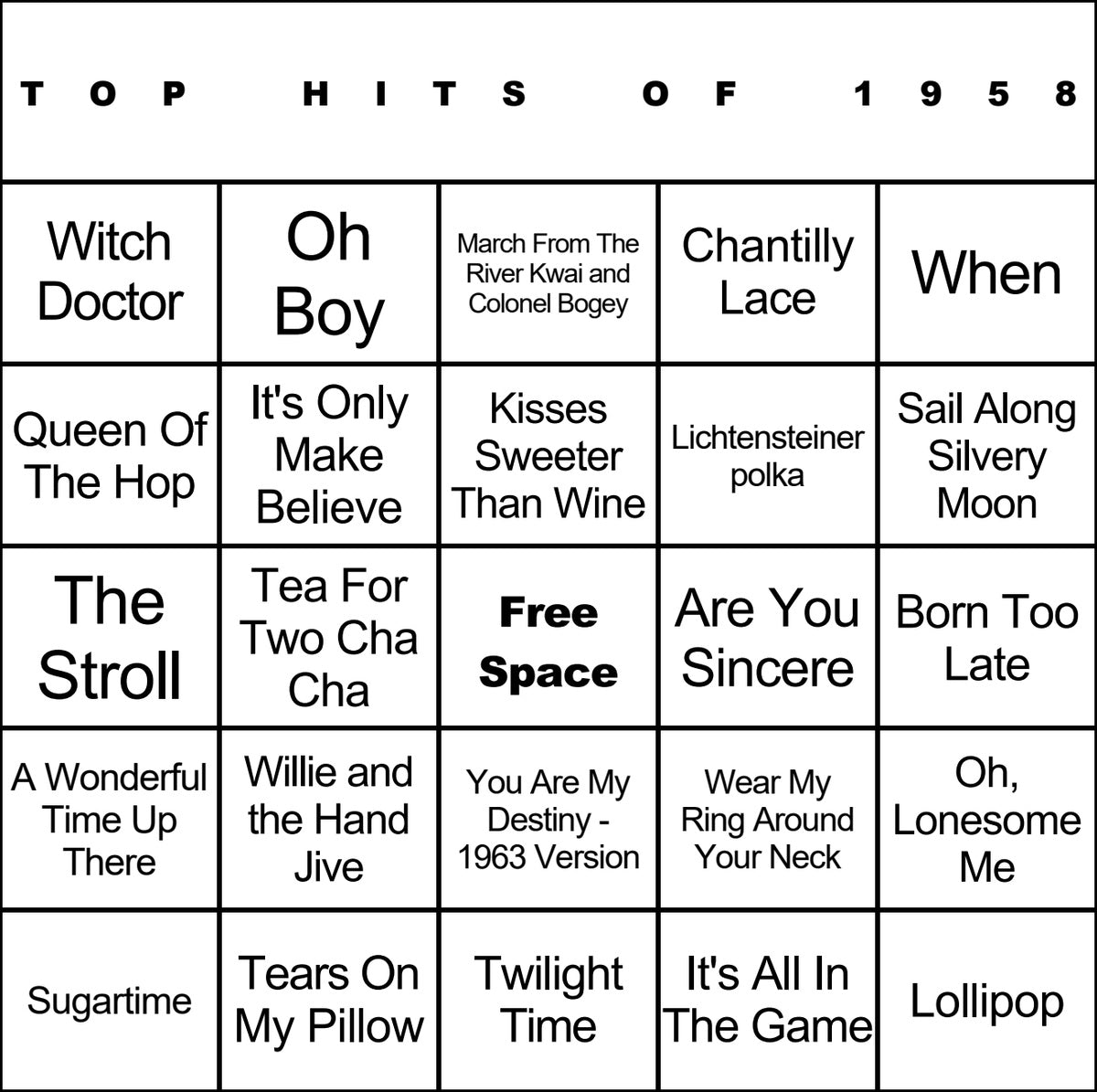 Top Hits of 1958 laminated music bingo card example