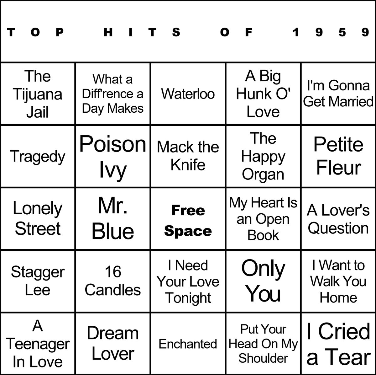 Top Hits of 1959 laminated music bingo card example