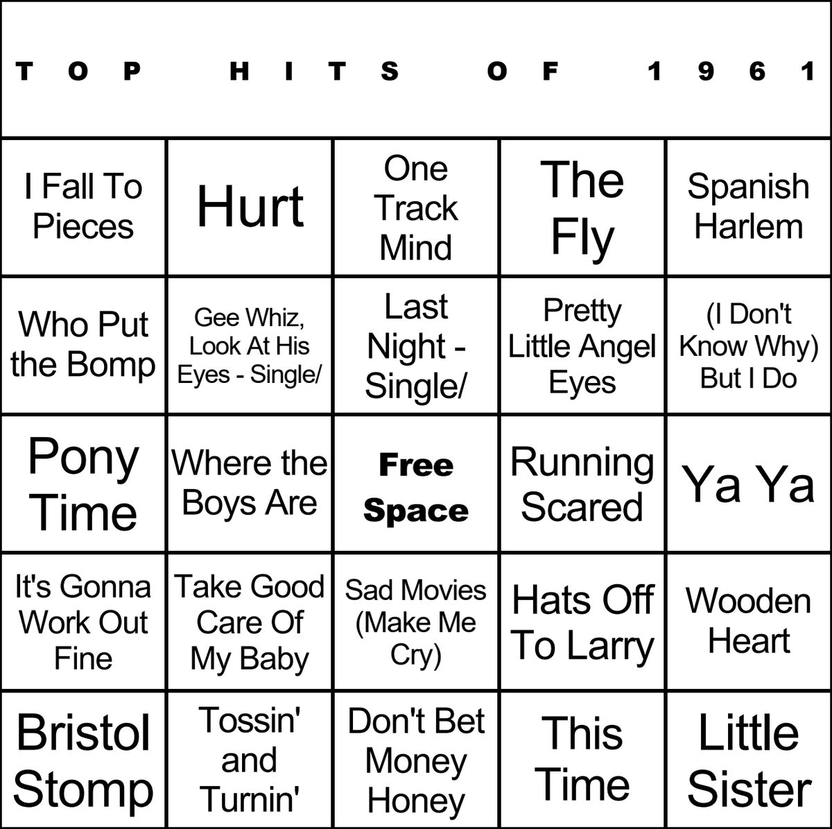 Top Hits of 1961 laminated music bingo card example
