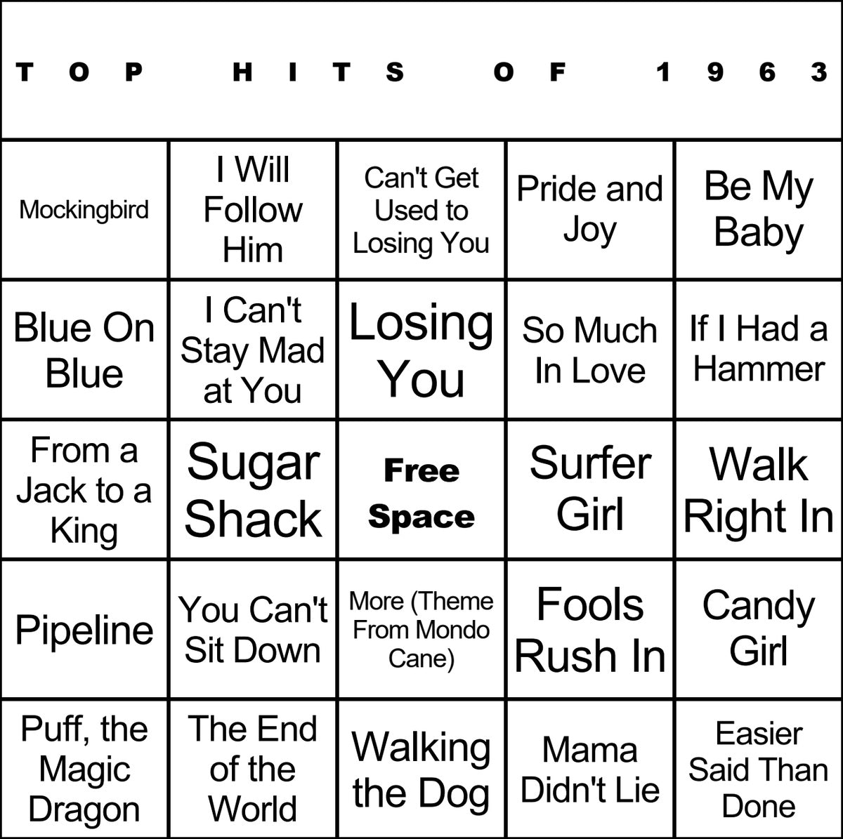 Top Hits of 1963 laminated music bingo card example