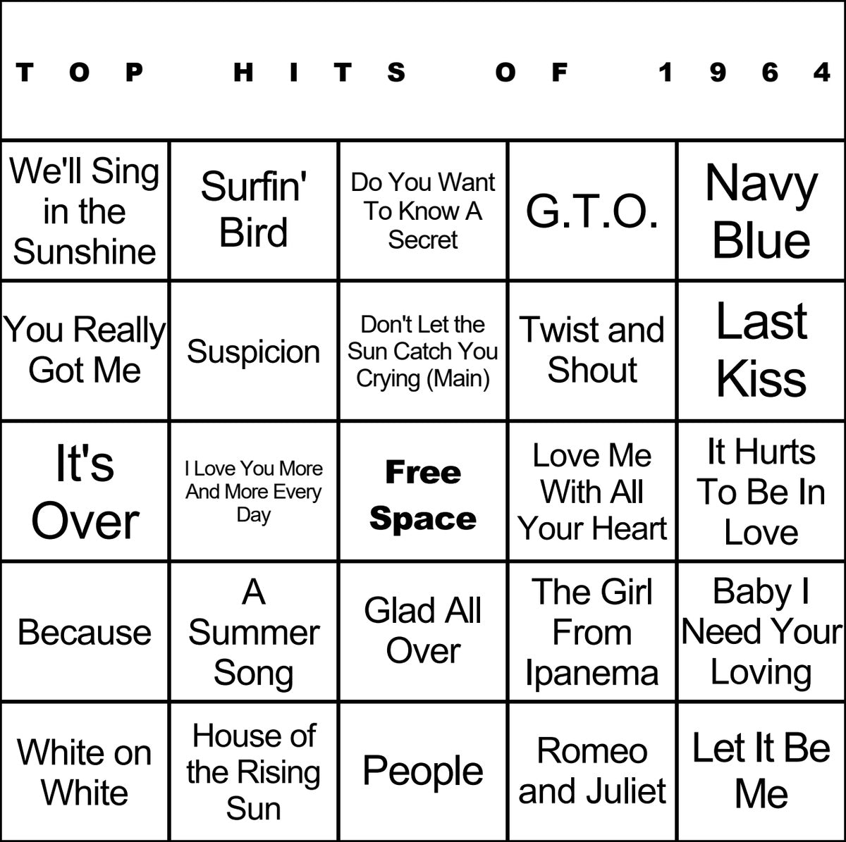 Top Hits of 1964 laminated music bingo card example