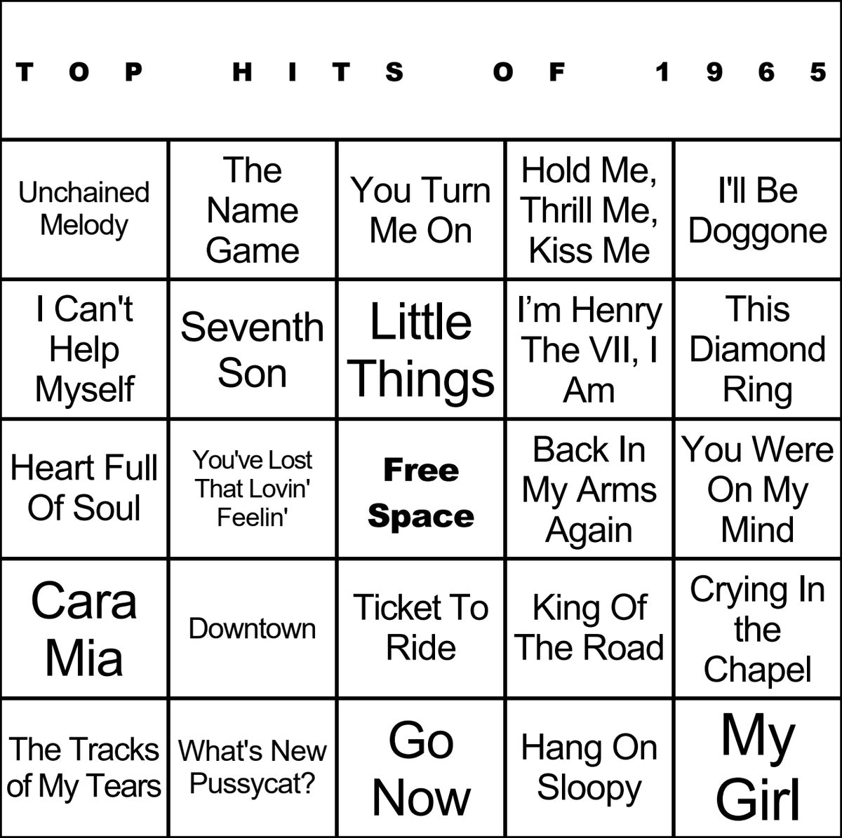 Top Hits of 1965 laminated music bingo card example
