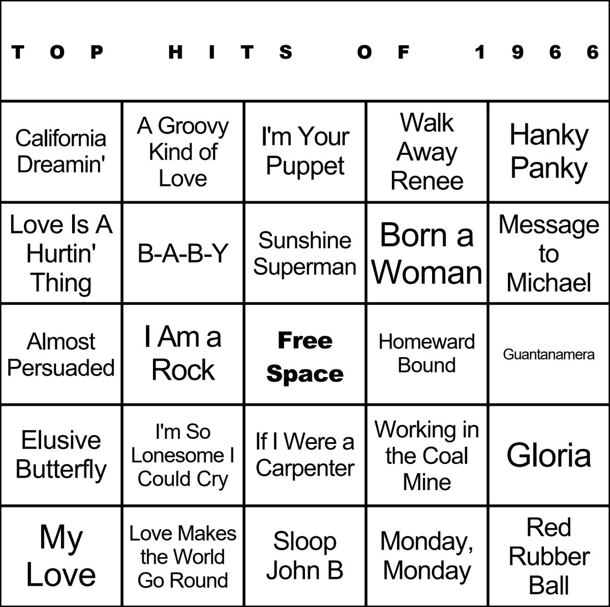 Top Hits of 1966 laminated music bingo card example