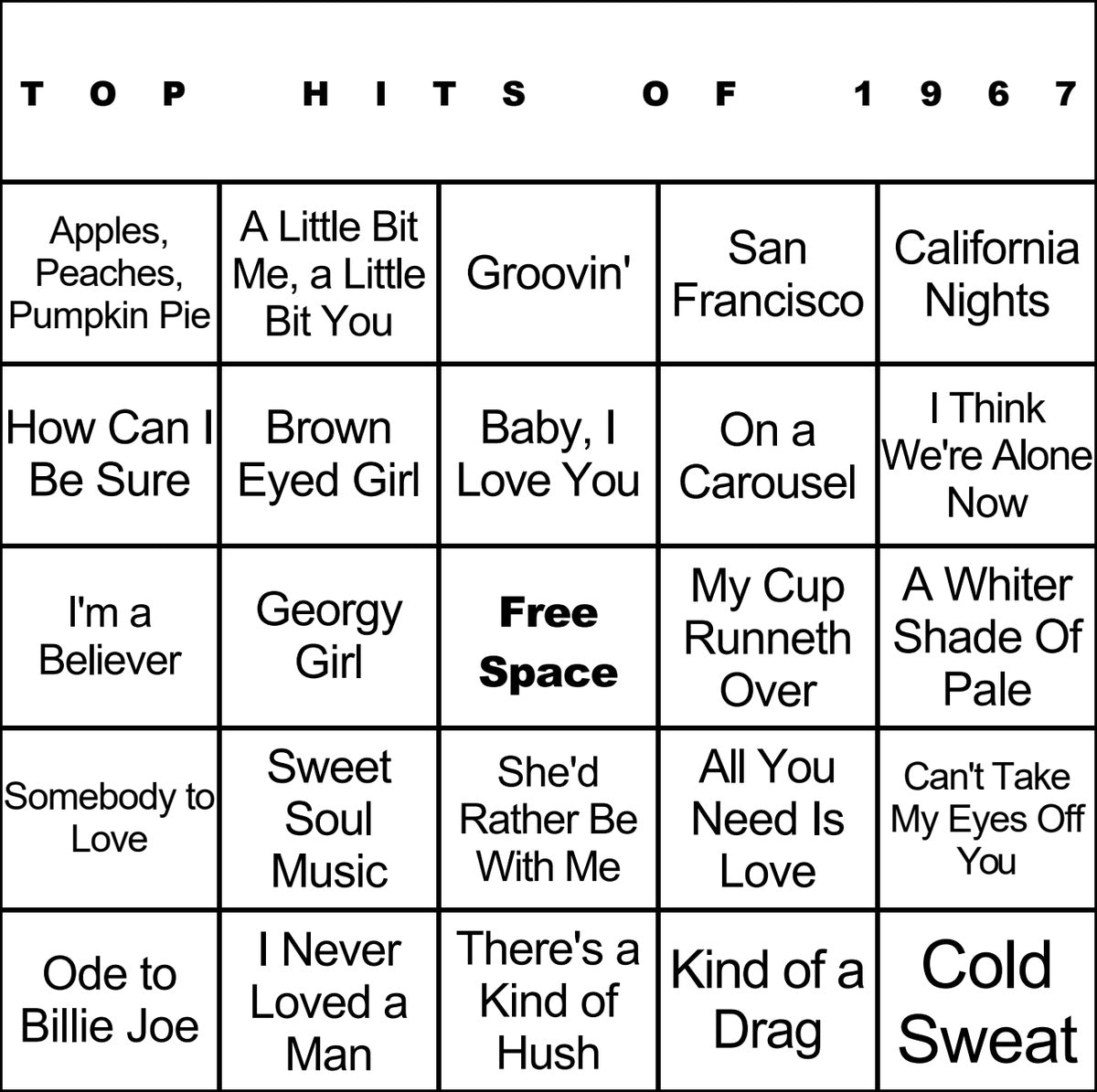 Top Hits of 1967 laminated music bingo card example