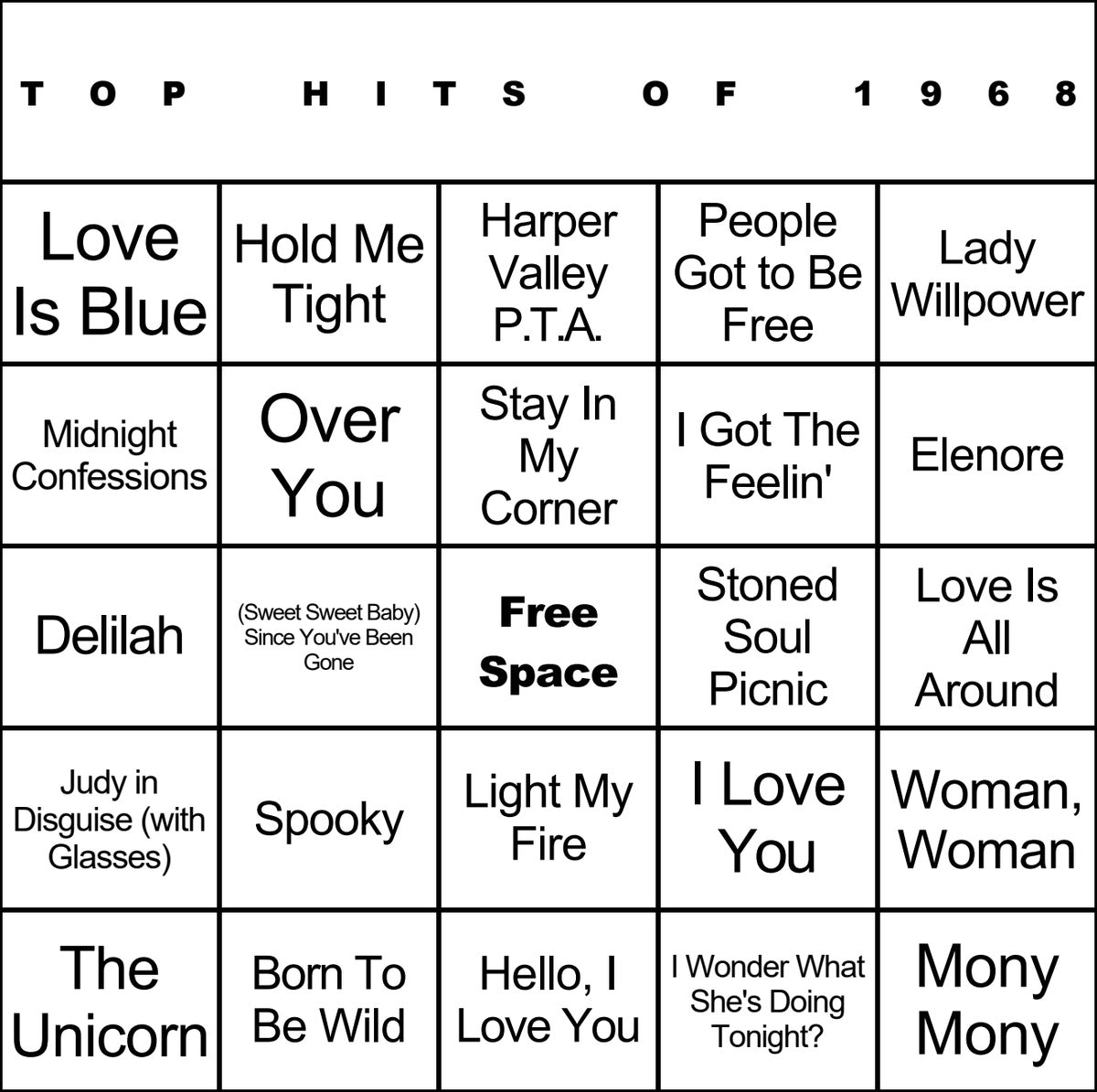 Top Hits of 1968 laminated music bingo card example