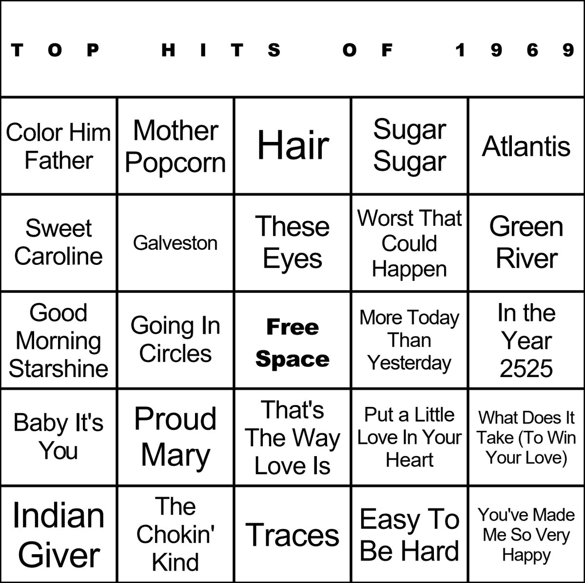 Top Hits of 1969 laminated music bingo card example