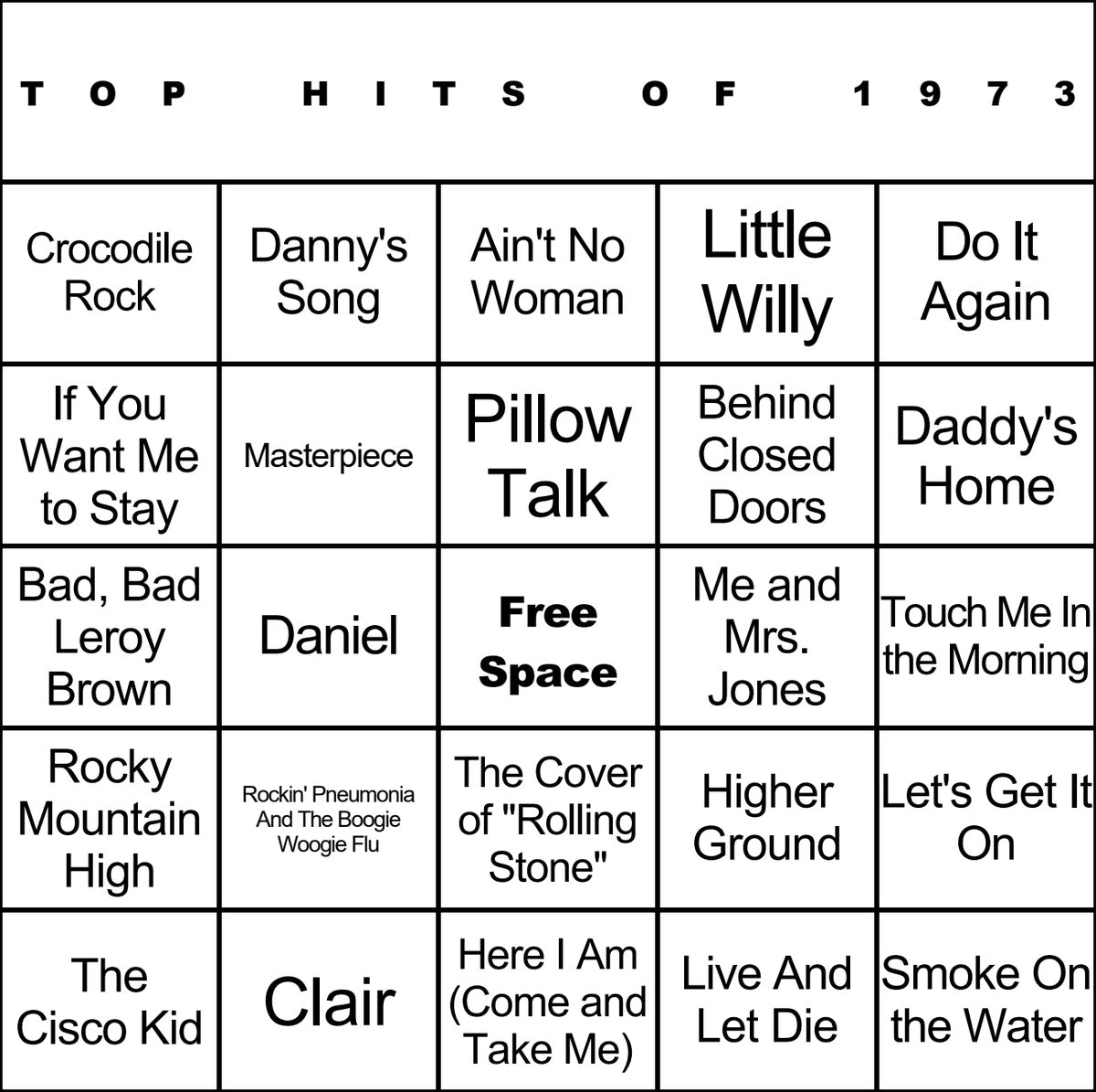 Top Hits of 1973 laminated music bingo card example