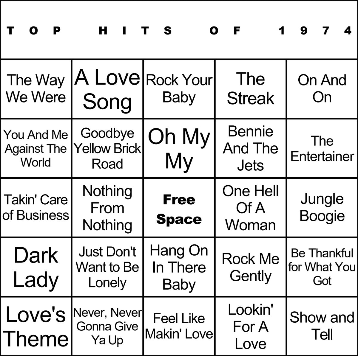 Top Hits of 1974 laminated music bingo card example