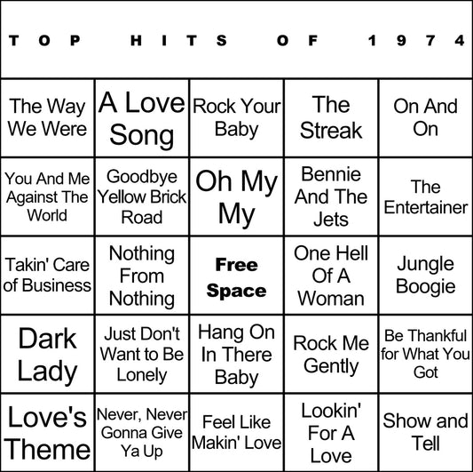 Top Hits of 1974 laminated music bingo card example