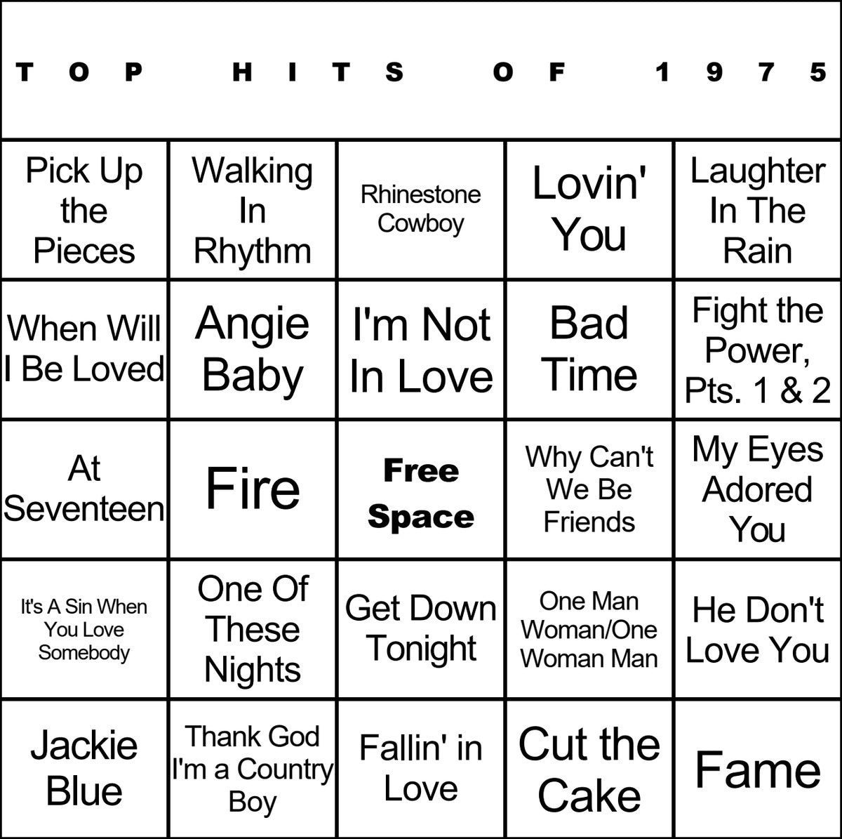 Top Hits of 1975 laminated music bingo card example