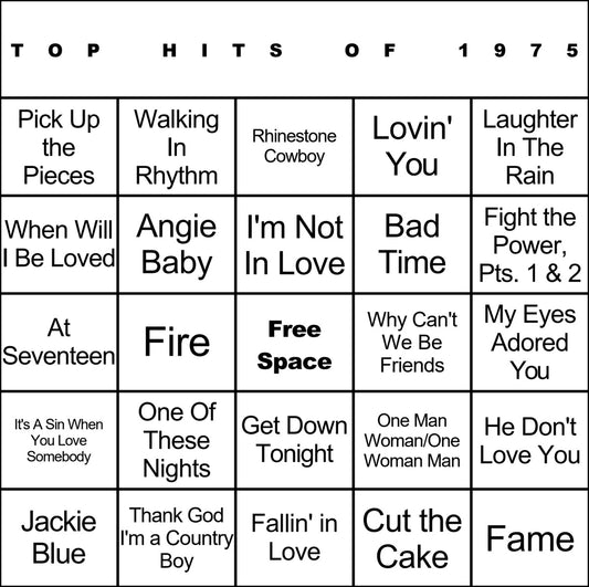Top Hits of 1975 laminated music bingo card example