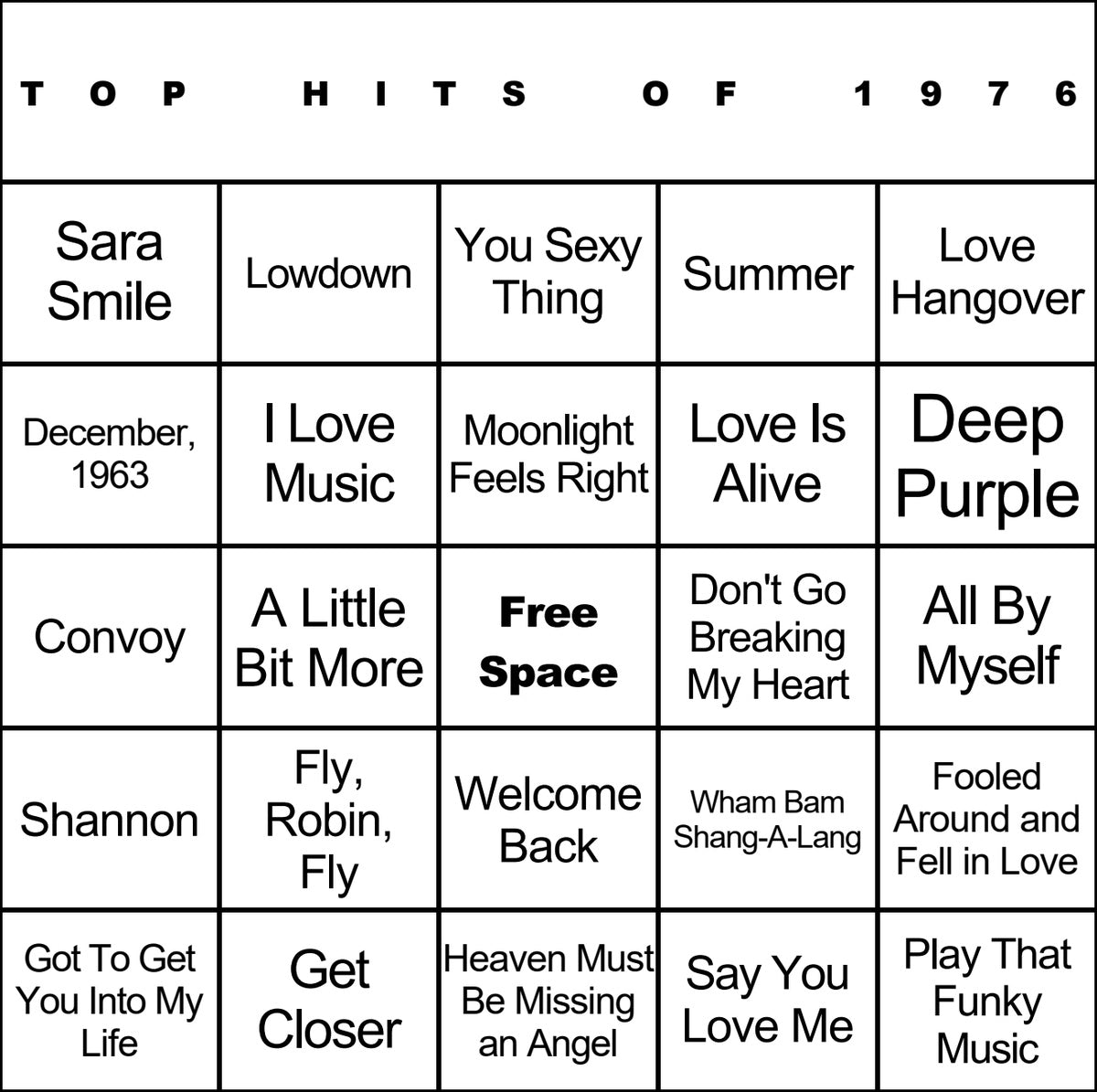 Top Hits of 1976 laminated music bingo card example