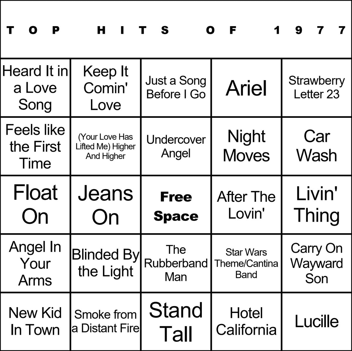 Top Hits of 1977 laminated music bingo card example