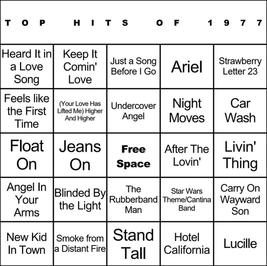 Top Hits of 1977 laminated music bingo card example