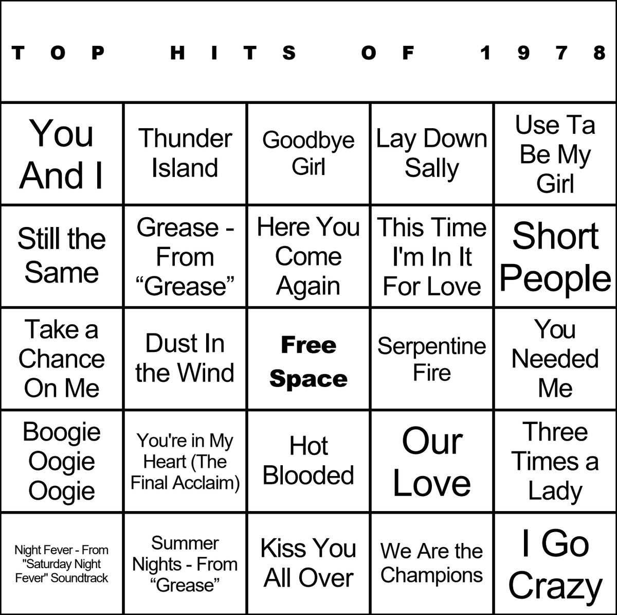 Top Hits of 1978 laminated music bingo card example