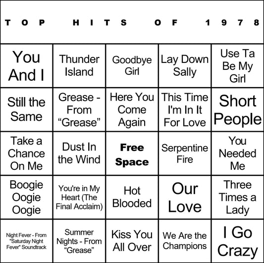 Top Hits of 1978 laminated music bingo card example
