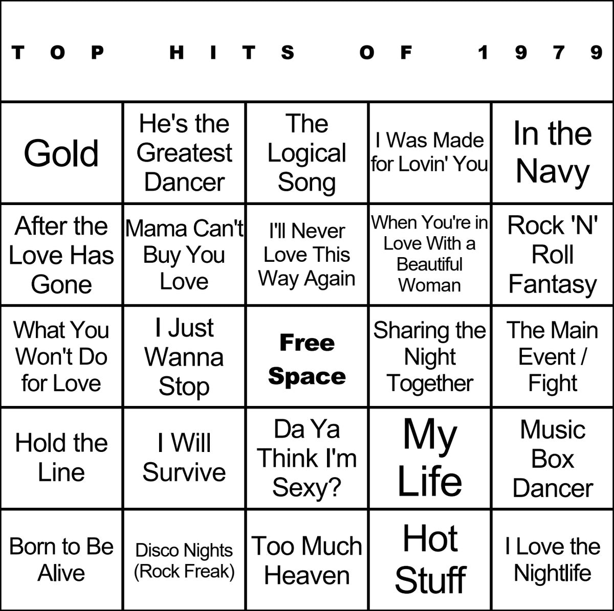 Top Hits of 1979 laminated music bingo card example