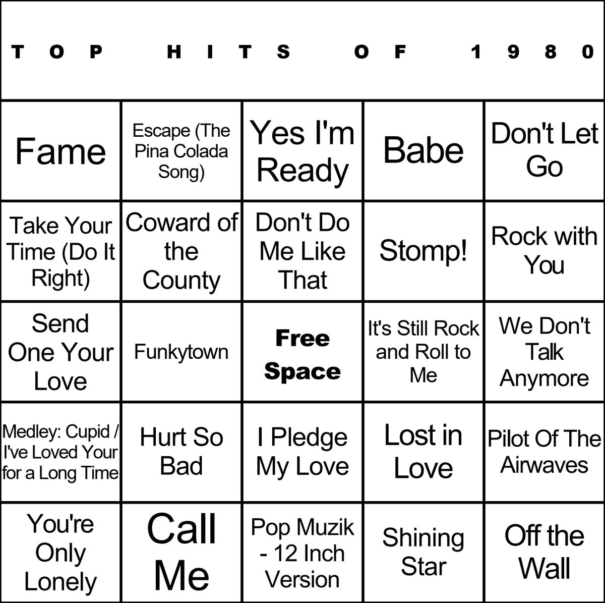Top Hits of 1980 laminated music bingo card example