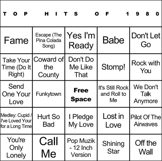 Top Hits of 1980 laminated music bingo card example