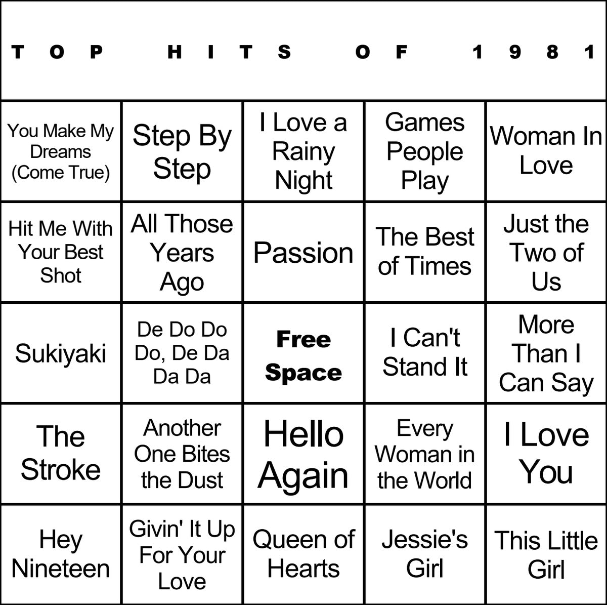Top Hits of 1981 laminated music bingo card example