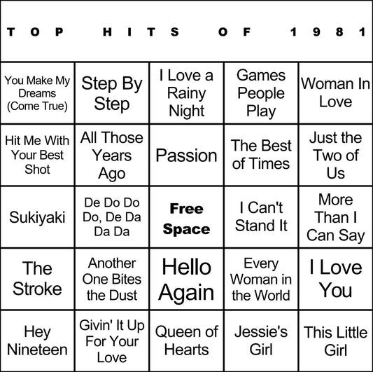 Top Hits of 1981 laminated music bingo card example