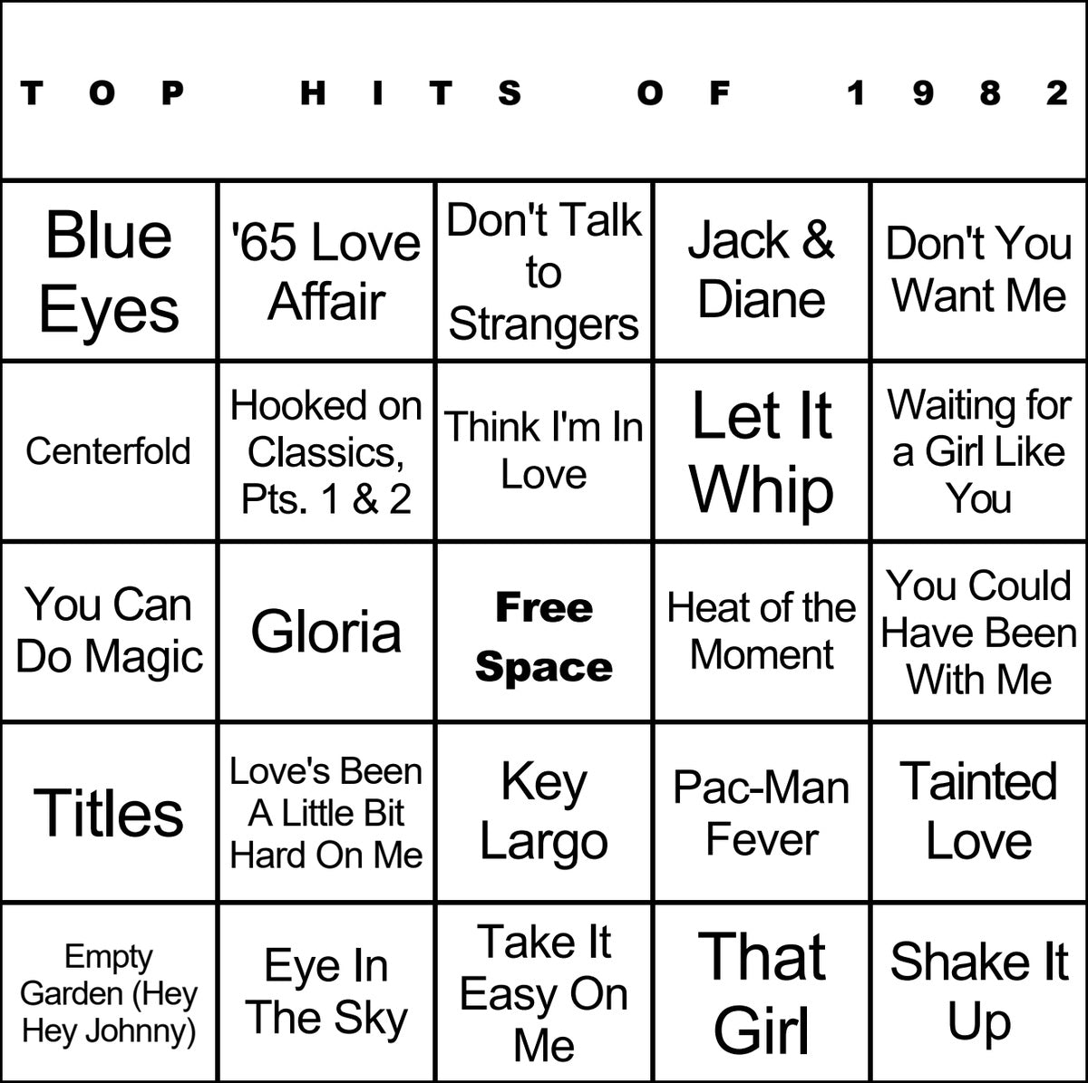 Top Hits of 1982 laminated music bingo card example