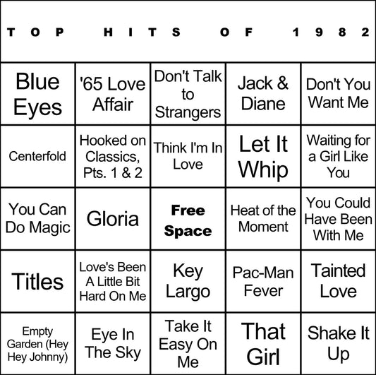 Top Hits of 1982 laminated music bingo card example
