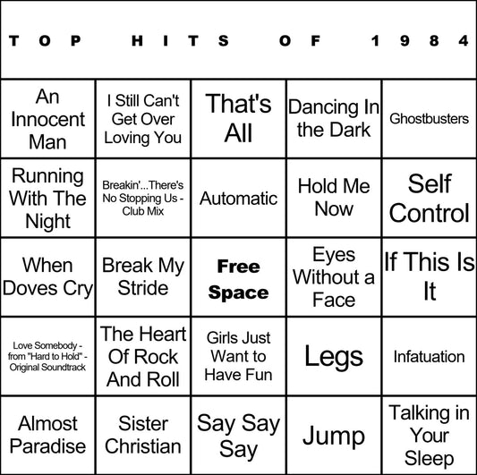 Top Hits of 1984 laminated music bingo card example