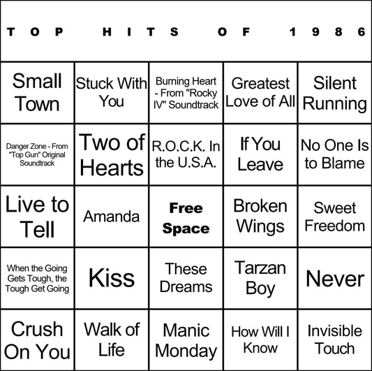Top Hits of 1986 laminated music bingo card example
