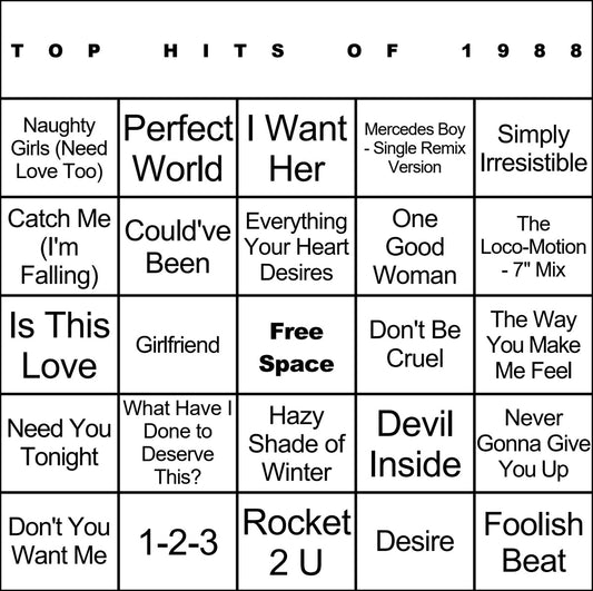Top Hits of 1988 laminated music bingo card example